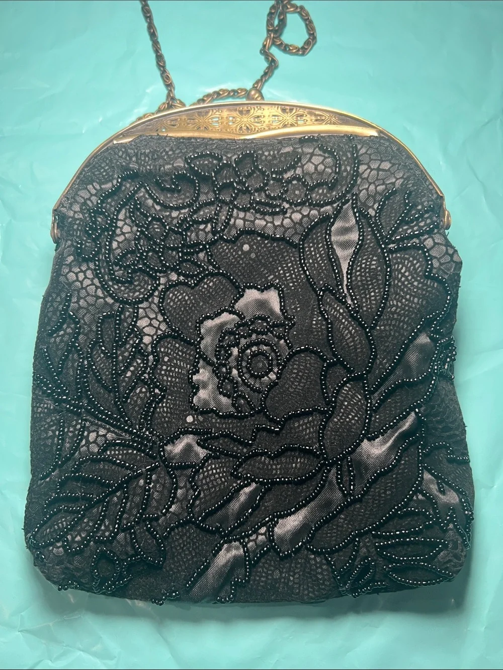 Vintage-Inspired Black Beaded Evening Bag with Gold Frame Kiss Lock